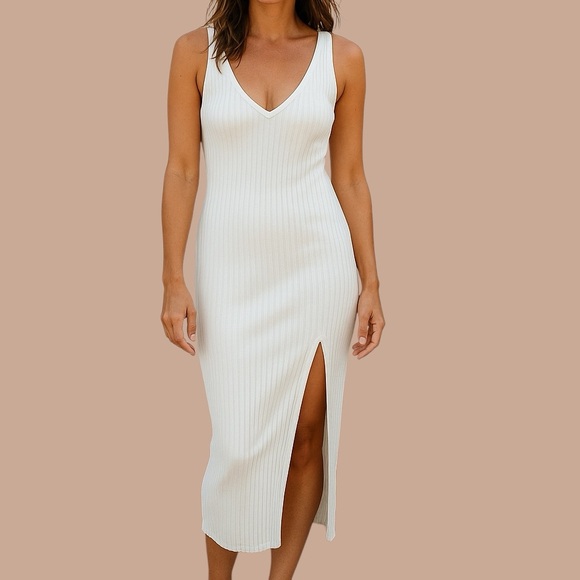 Vici Dresses & Skirts - Vici White ribbed sleeveless Dress with Slit